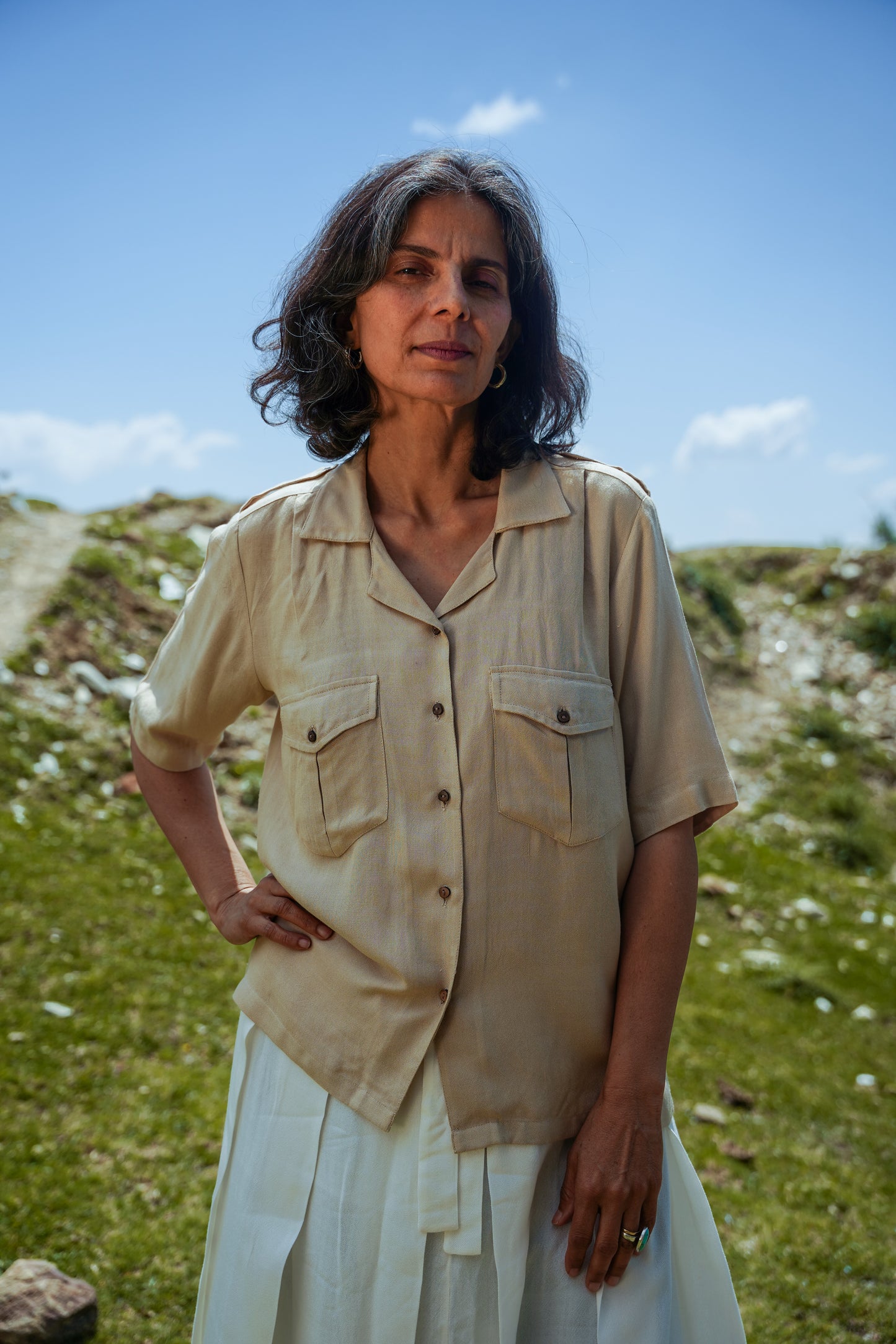 L.01 Unisex Resort Shirt in White with Boxy Fit and Front Pockets