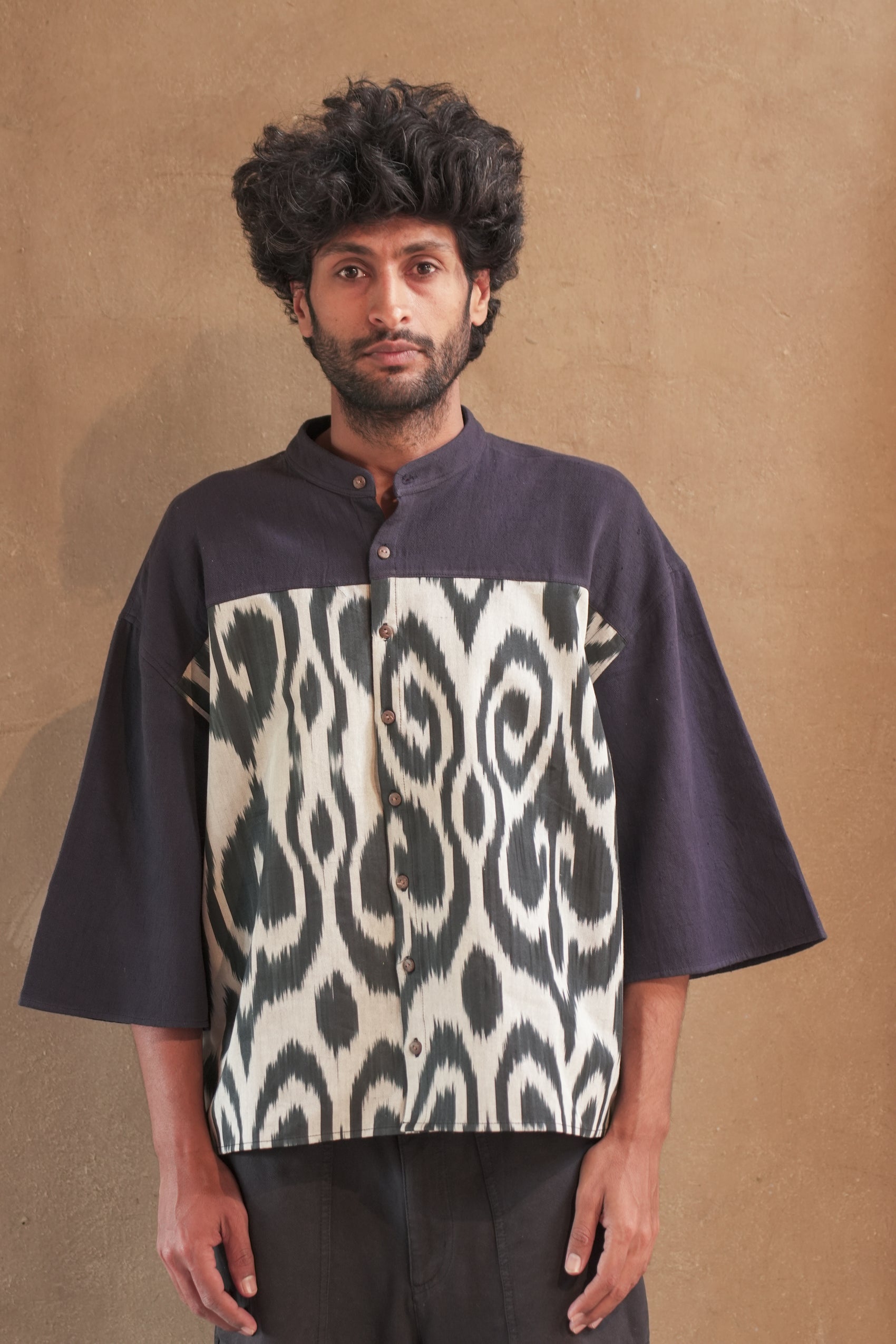 KI.03 Unisex Loose Fit Oversized Kala Cotton Shirt with Uzbek Ikat Patches