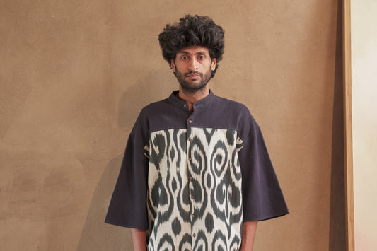 KI.03 Unisex Loose Fit Oversized Kala Cotton Shirt with Uzbek Ikat Patches